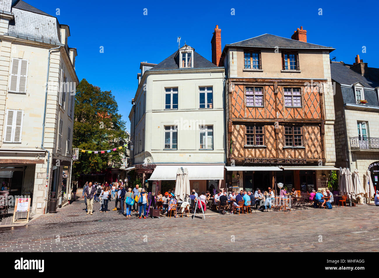 SAUMUR, FRANCE - SEPTEMBER 15, 2018: Street cafe at Saint Pierre square in Saumur city, Loire valley in France Stock Photo