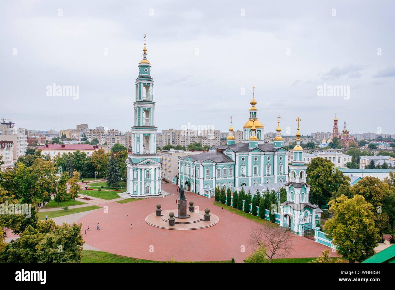 Aerial view of city of Tambov Cathedral Square and Transfiguration Cathedral. Stock Photo