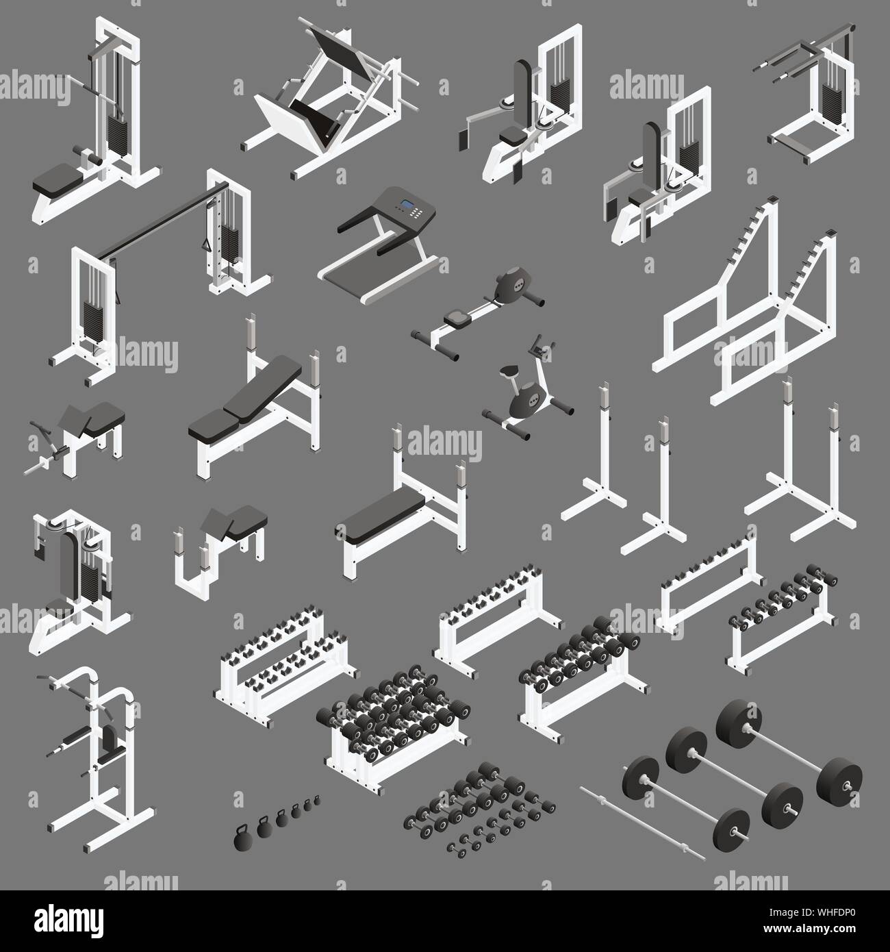 Gym equipment and machines isometric set. Vector. Stock Vector