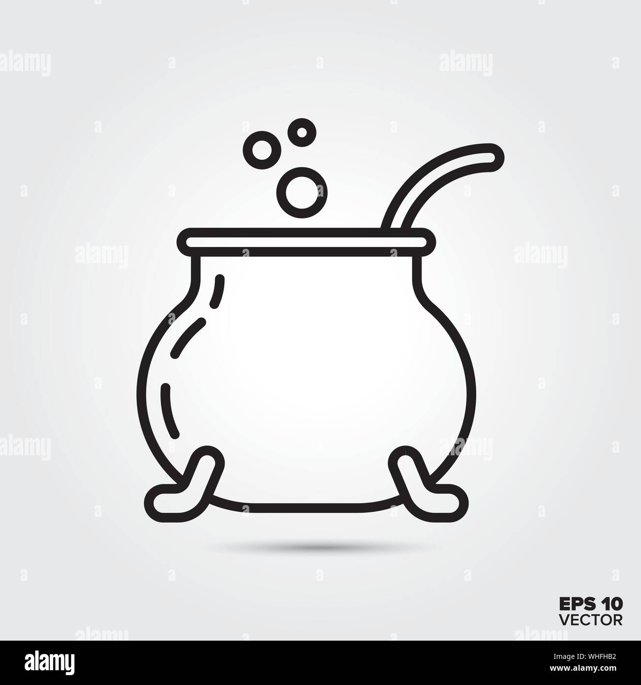 Kettle with magic potion outline style icon. Halloween celebration symbol. Spooky cartoon cauldron vector illustration. Stock Vector