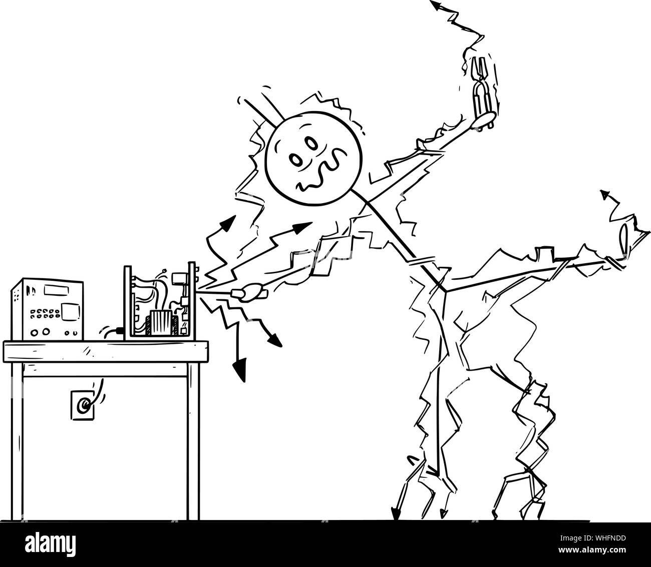 Vector cartoon stick figure drawing conceptual illustration of man or repairman repairing some electronic device and get electric shock. Occupational safety concept. Stock Vector