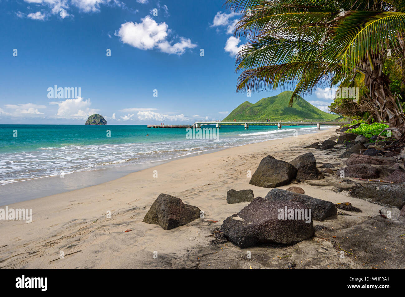 Le Diamant, Martinique, FR - 20 August 2019: Le Diamant Beach, Diamond Rock & Morne Larcher. Stock Photo