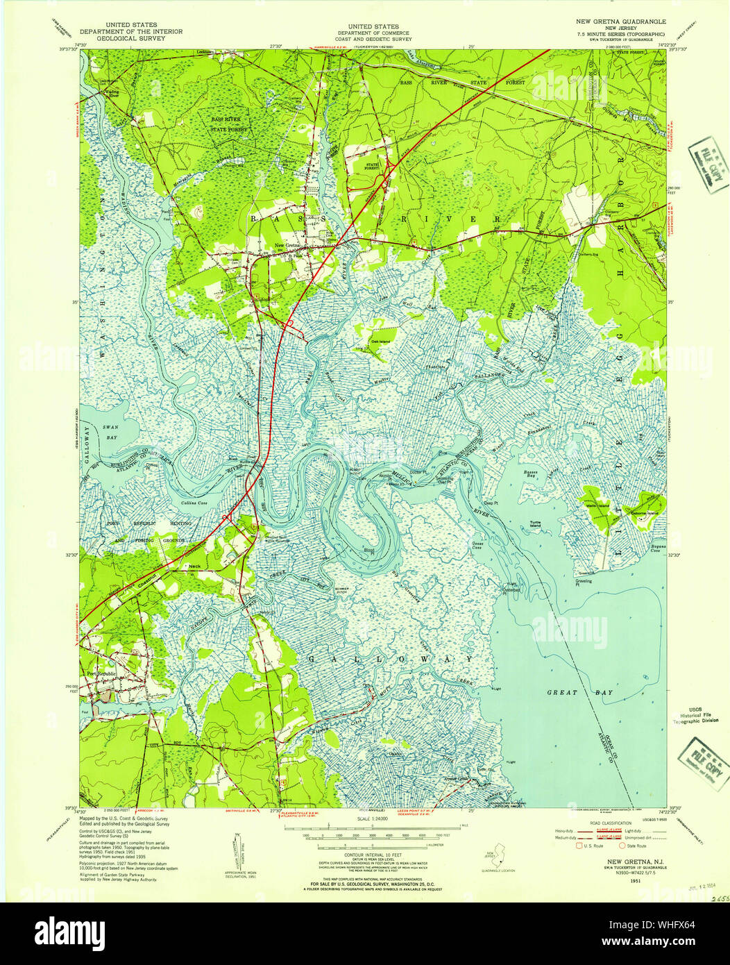 USGS TOPO Map New Jersey NJ New Gretna 254629 1951 24000 Restoration Stock Photo