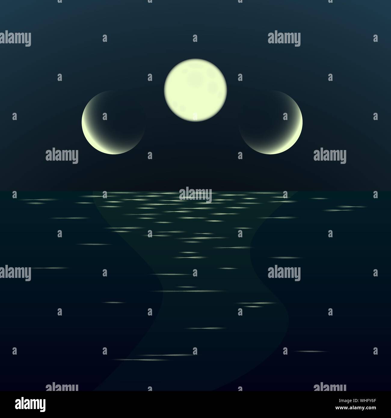 Night fantasy moonrise seascape. Gradient surrealistic landscape with three moons Stock Vector