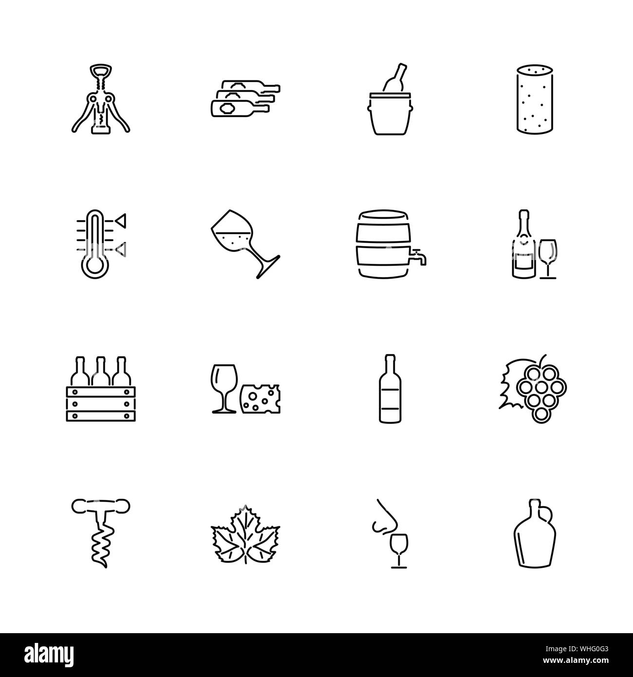 Wine, Alcohol Tasting outline icons set - Black symbol on white background. Wine, Alcohol Tasting Simple Illustration Symbol - lined simplicity Sign. Stock Vector
