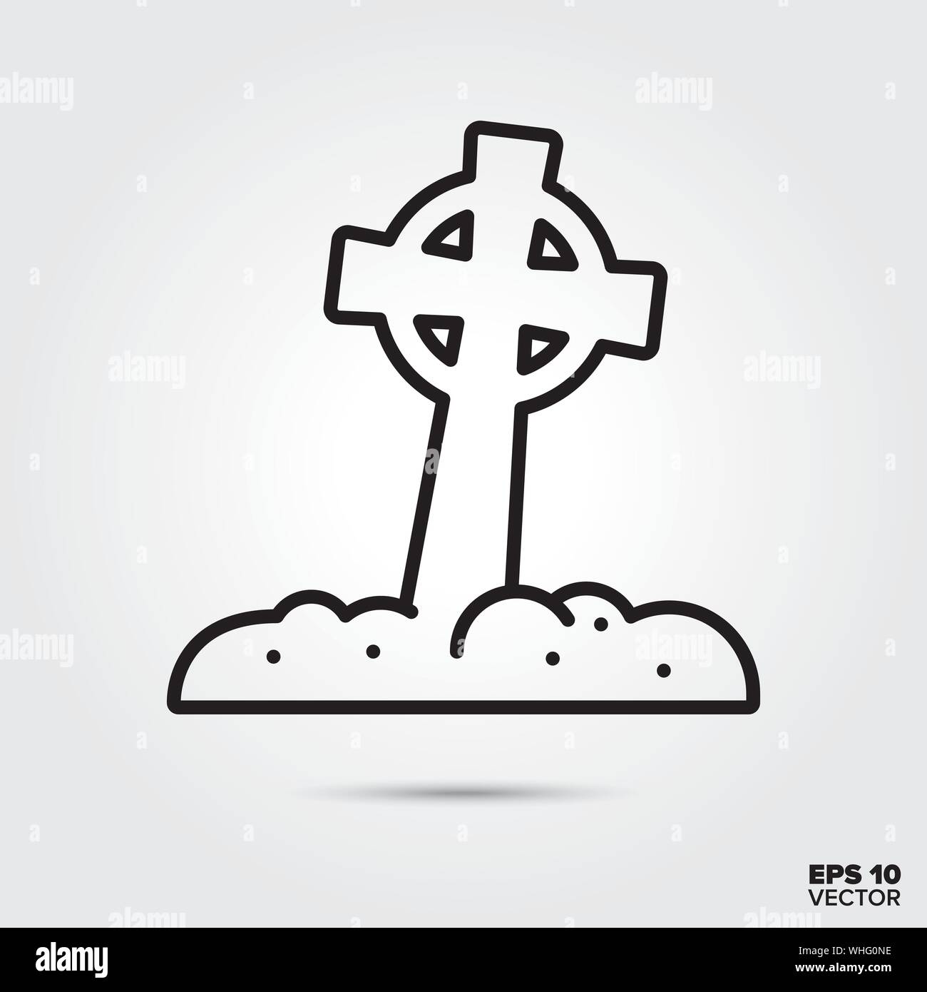 Celtic cross tombstone on grave outline style icon. Halloween celebration symbol. Spooky cartoon vector illustration. Stock Vector