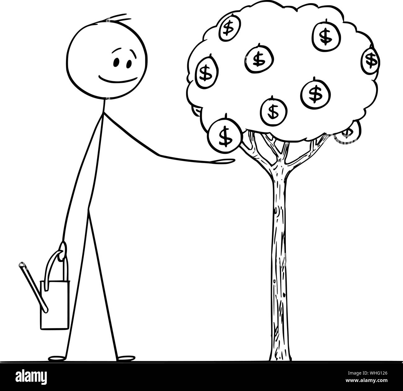 Vector cartoon stick figure drawing conceptual illustration of man or businessman watering small tree with money fruit with dollar symbol. Stock Vector