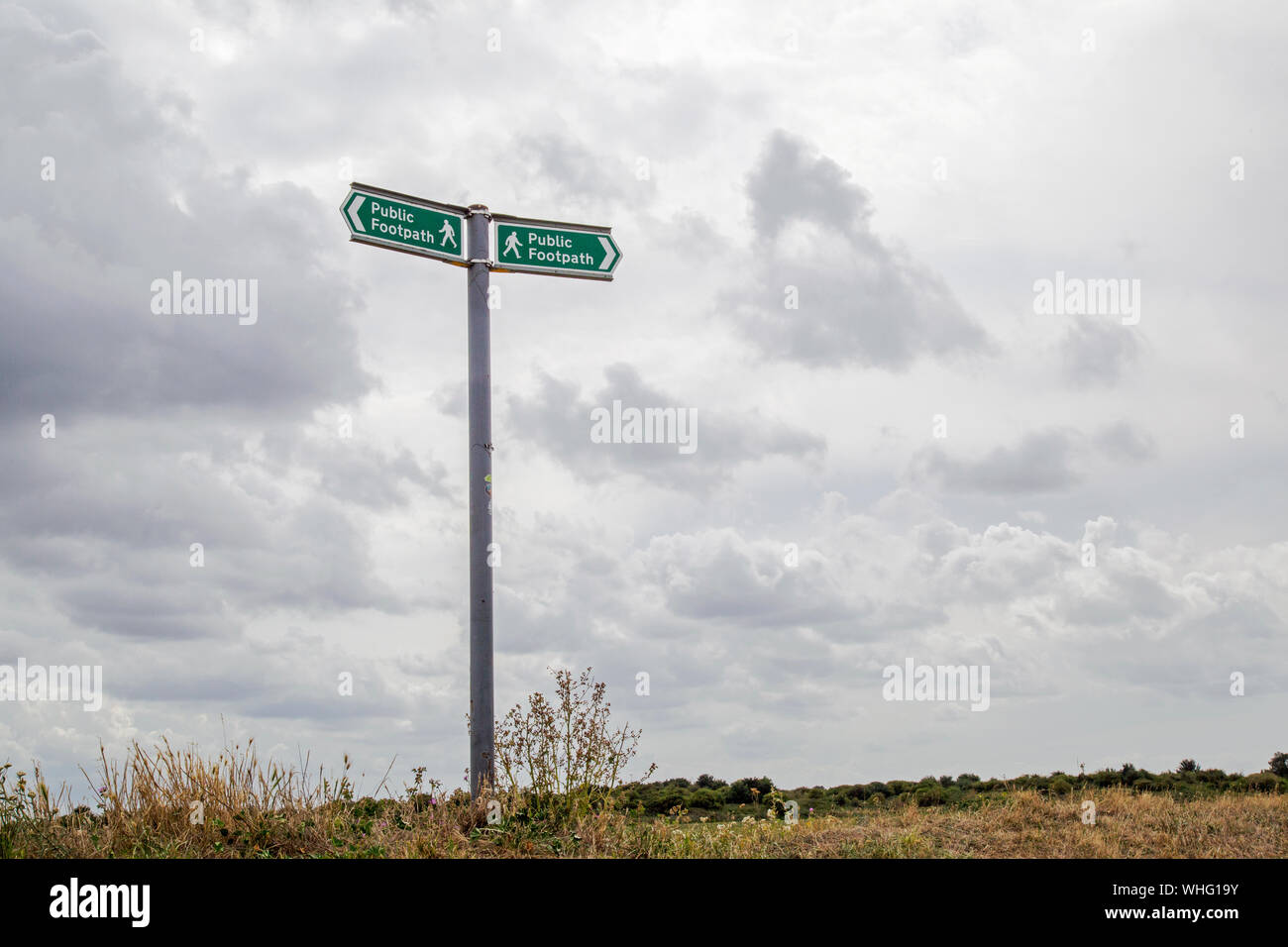 A green Public footpath sign with two branches Stock Photo
