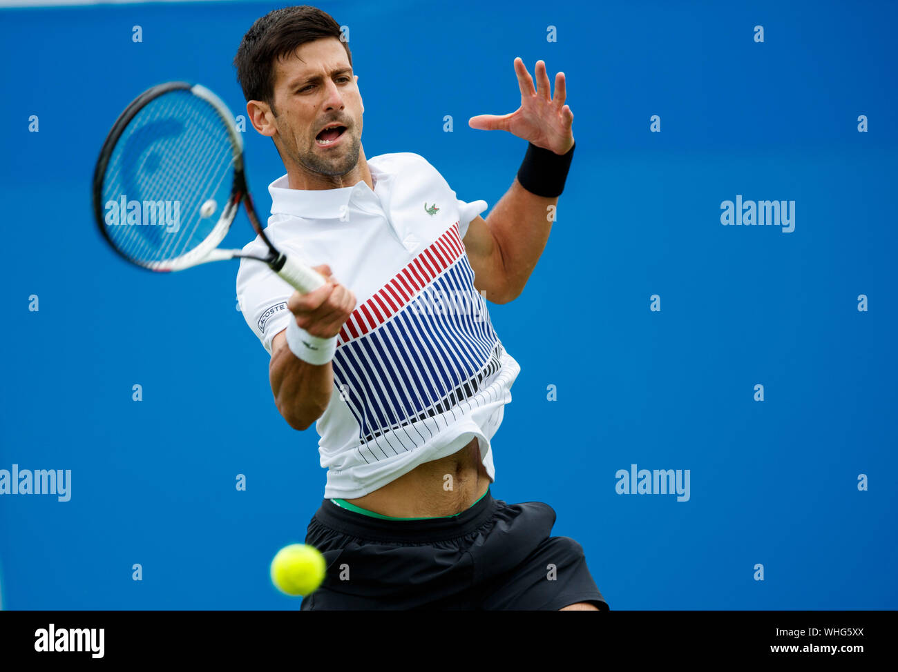 Novak Djokovic of Serbia in action playing single handed forehand against Donald Young of USA at Aegon International 2017- Eastbourne - England - Quar Stock Photo