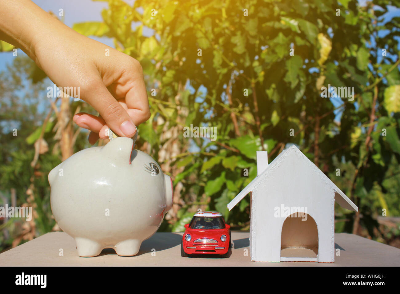 Cropped Image Of Hand Putting Coin In Piggy Bank Representing Home Ownership Stock Photo