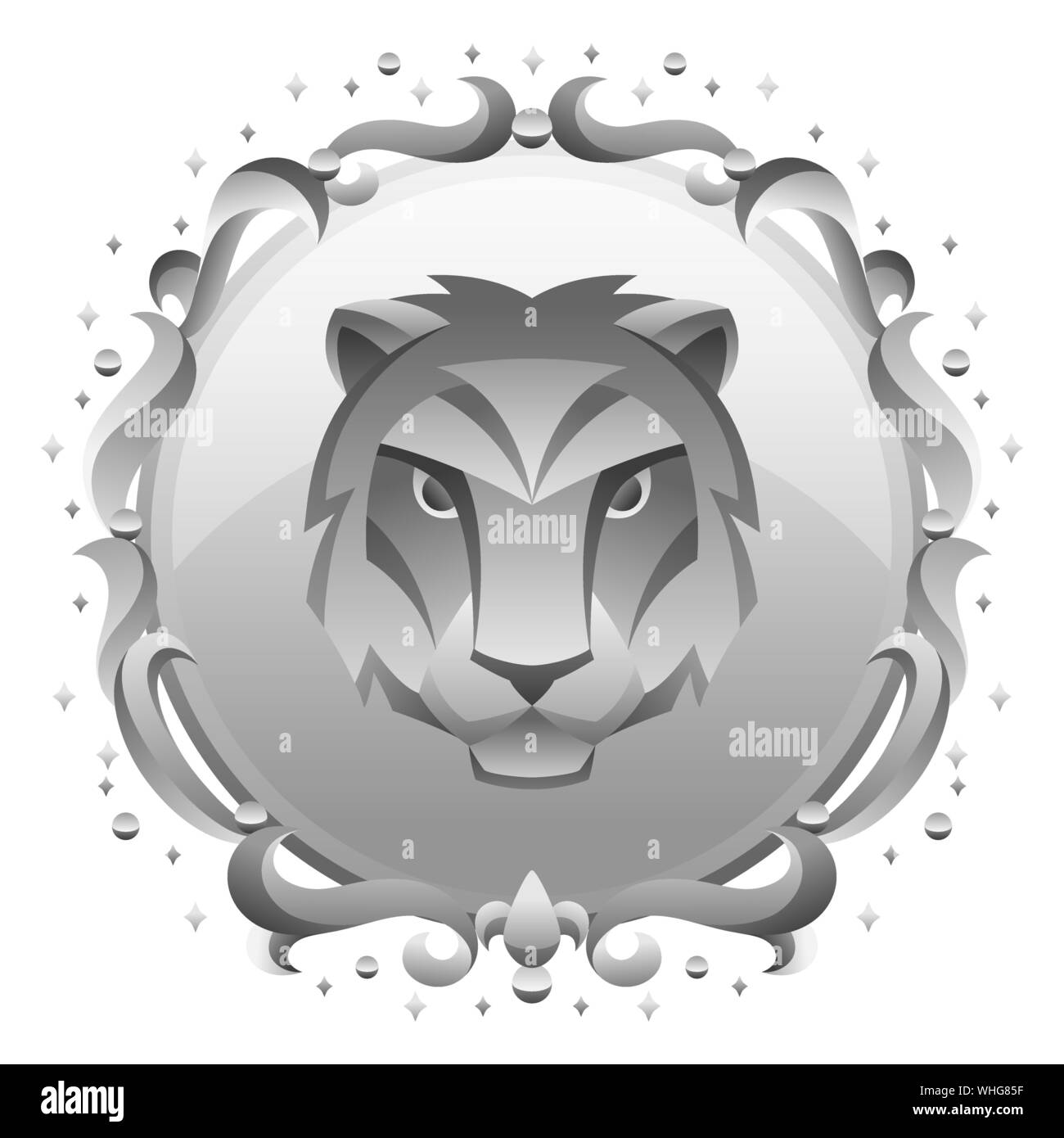 Leo zodiac sign with silver frame. Horoscope symbol. Stock Vector