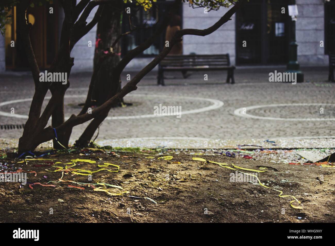 Streamers On Ground After Celebration In City Stock Photo