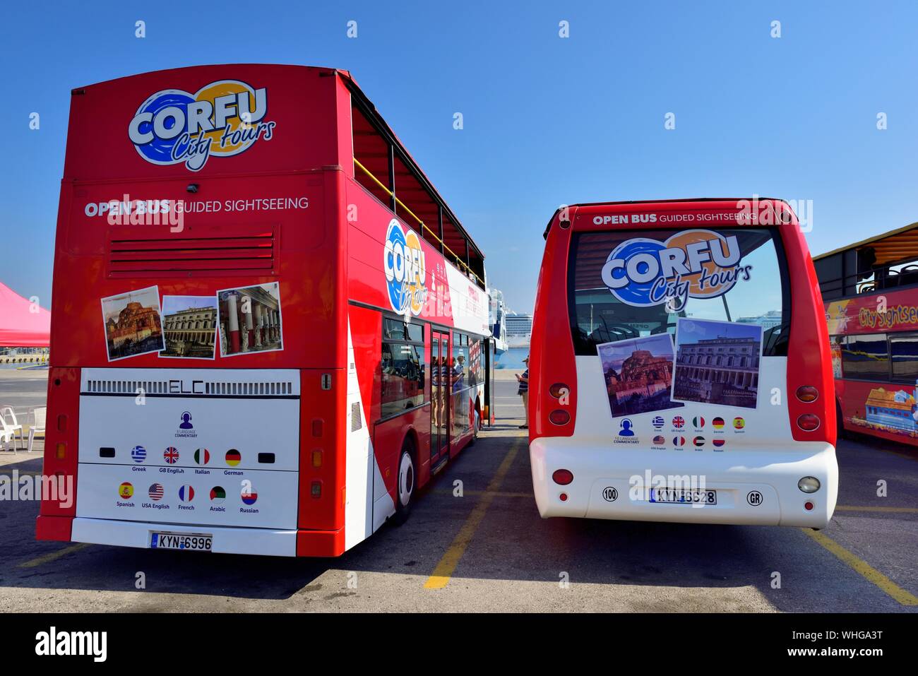 Corfu City Tours,open top bus,buses,guided sightseeing,Corfu,Kerkyra,Kerkira,Greece,Ionian Islands Stock Photo