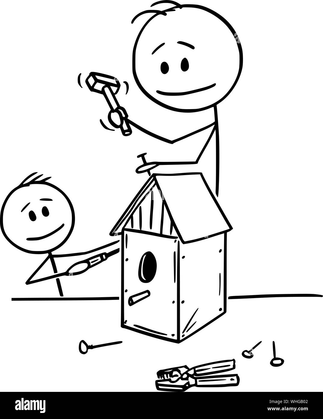 Vector cartoon stick figure drawing conceptual illustration of man and boy or father and son building together birdhouse for birds in workshop. Stock Vector