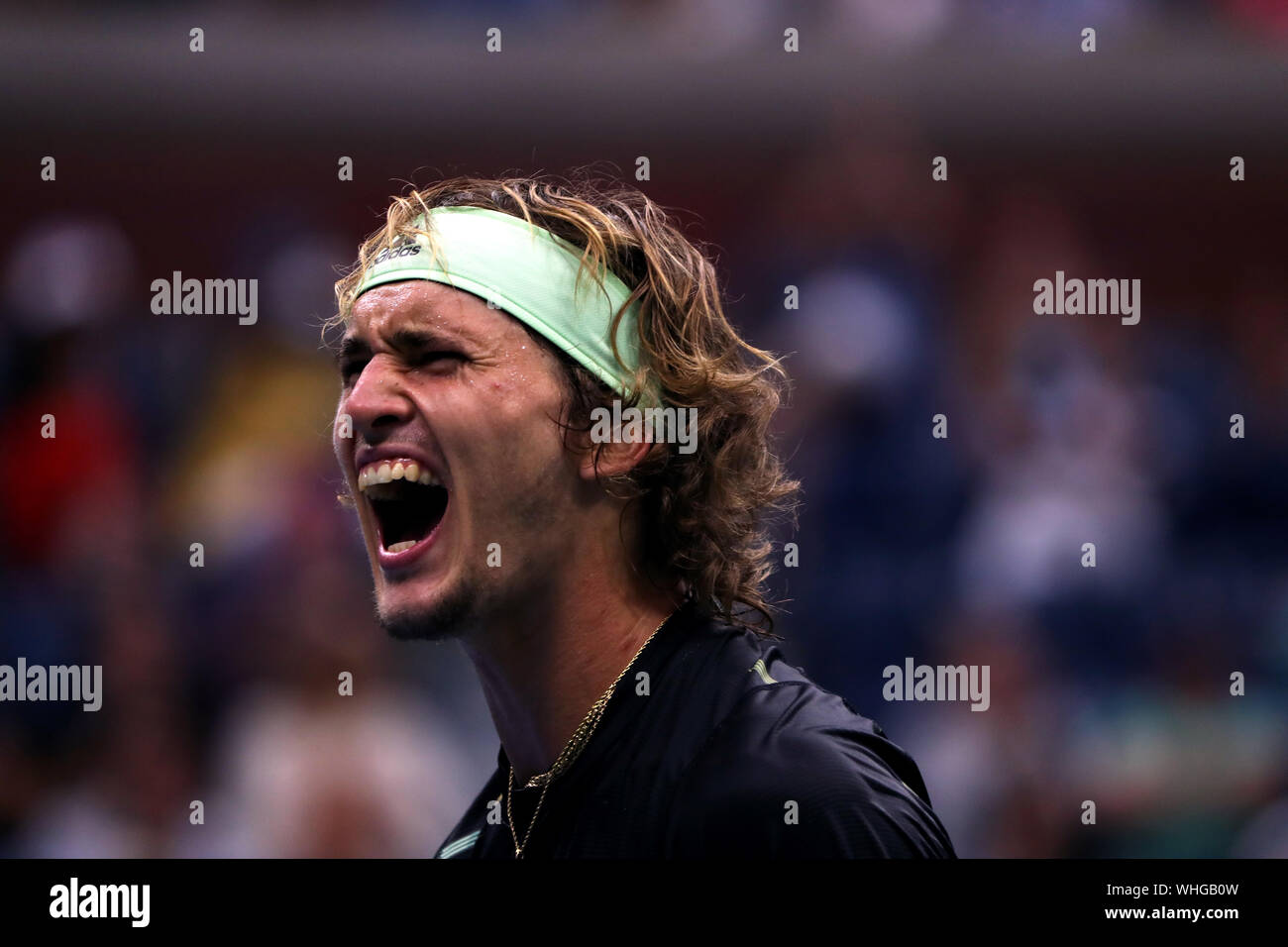 New York, United States. 02nd Sep, 2019. Flushing Meadows, New York, United States - September 2, 2019. Number 6 seed Alexander Zverev of Germany reacts to point during his fourth round match against Diego Schwartzman of Argentina at the US Open today. Credit: Adam Stoltman/Alamy Live News Stock Photo