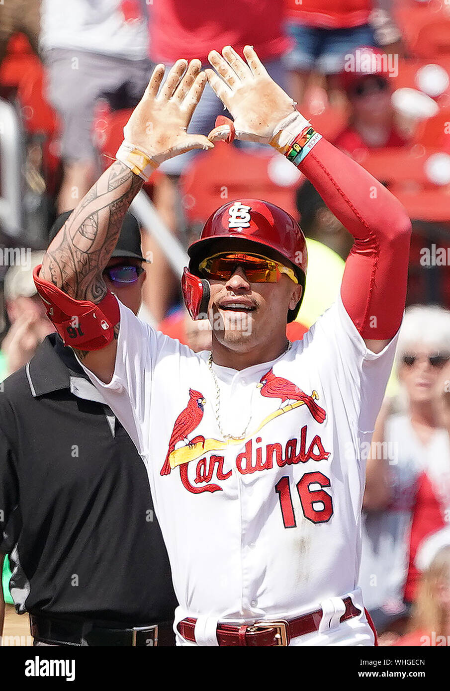 St Louis, USA. 02nd Sep, 2019. St. Louis Cardinals Kolten Wong motions to his dugout after hitting a triple in the first inning against the San Francisco Giants at Busch Stadium in St. Louis on Monday, September 2, 2019. Photo by Bill Greenblatt/UPI Credit: UPI/Alamy Live News Stock Photo