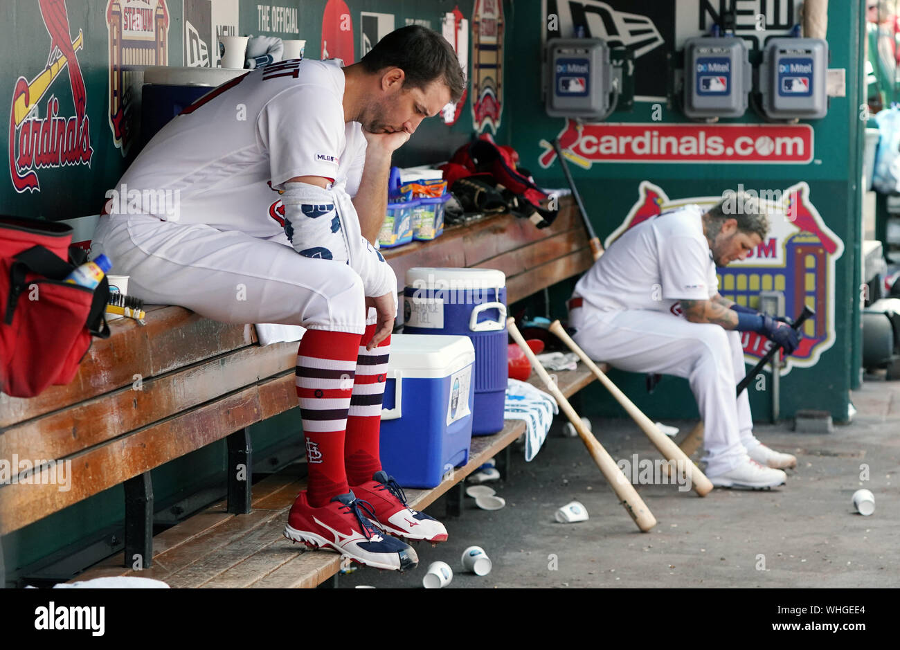 St Louis, USA. 02nd Sep, 2019. St. Louis Cardinals starting pitcher Adam Wainwright and his catcher Yadier Molina, sit alone in the dugout during the fourth inning during their game against the San Francisco Giants at Busch Stadium in St. Louis on Monday, September 2, 2019.   Photo by Bill Greenblatt/UPI Credit: UPI/Alamy Live News Stock Photo