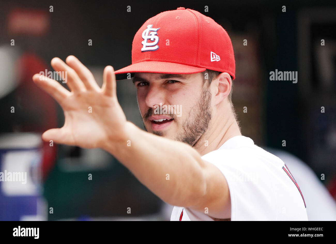 St Louis, USA. 02nd Sep, 2019. St. Louis Cardinals starting pitcher Dekota Hudson, demonstrates a technique in the dugout during a game against the San Francisco Giants at Busch Stadium in St. Louis on Monday, September 2, 2019. Photo by Bill Greenblatt/UPI Credit: UPI/Alamy Live News Stock Photo