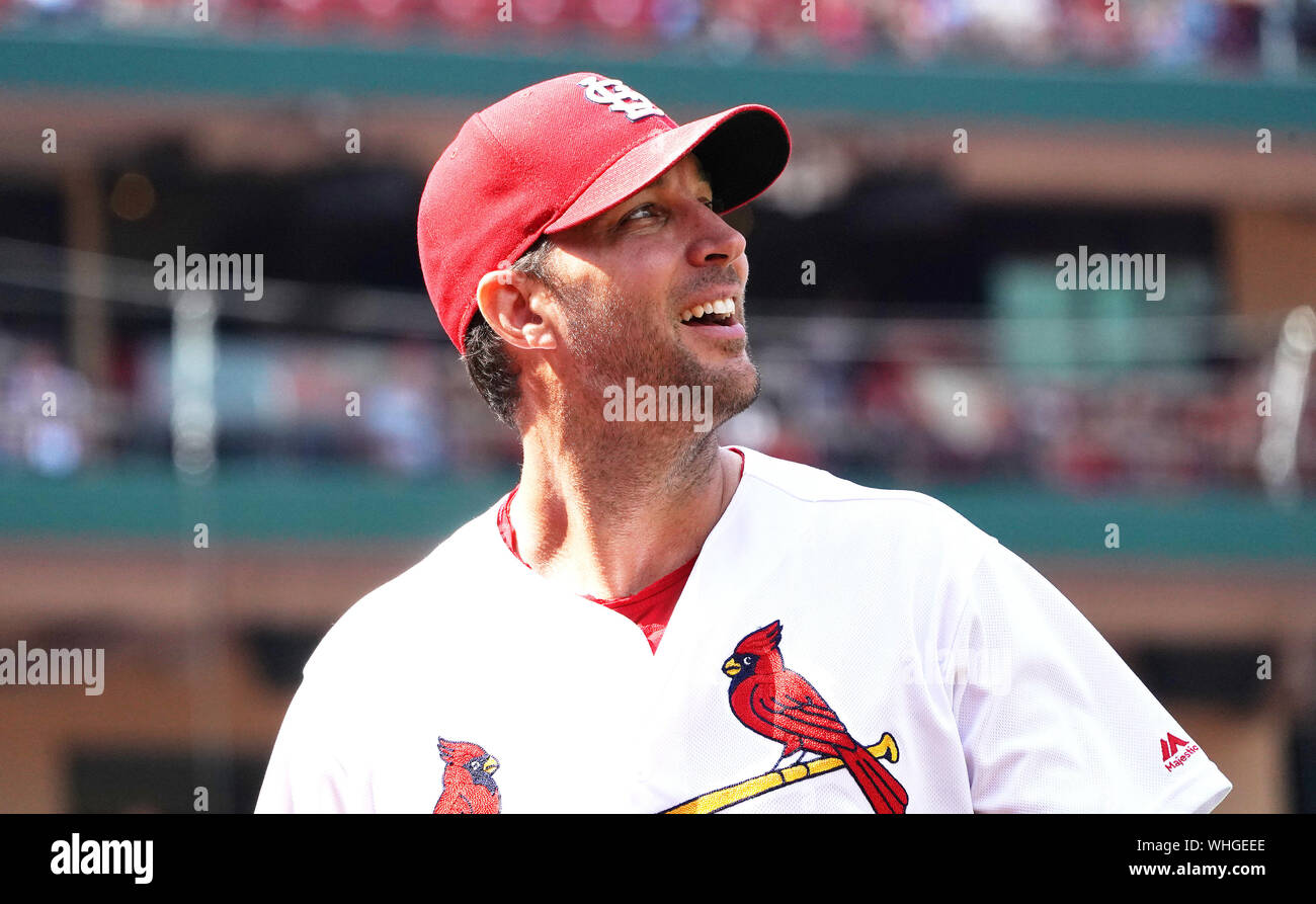 St Louis, USA. 02nd Sep, 2019. St. Louis Cardinals starting pitcher Adam Wainwright enjoys watching a video replay resulting in an out, ending the sixth inning against the San Francisco Giants, at Busch Stadium in St. Louis on Monday, September 2, 2019.   Photo by Bill Greenblatt/UPI Credit: UPI/Alamy Live News Stock Photo
