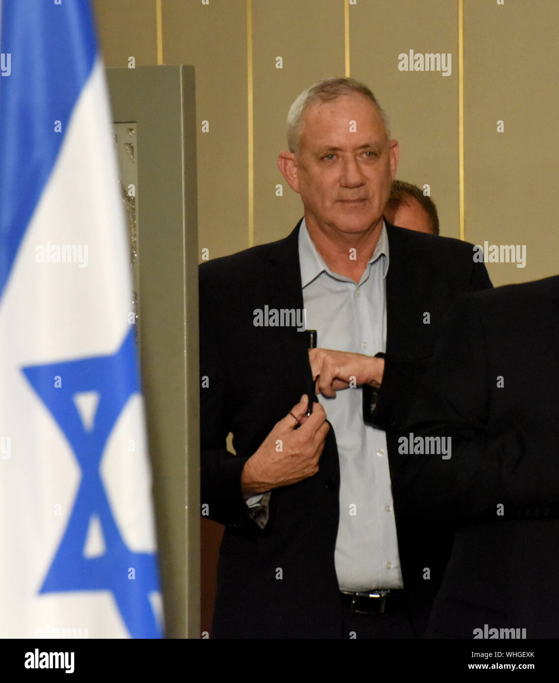 Jerusalem, Israel. 02nd Sep, 2019. Blue and White Chairman and candidate for Israeli Prime Minister, Benny Gantz arrives to speak at a right-wing Religious Zionist Conference in Jerusalem, Monday, September 2, 2019. Israelis will return to the polls on September 17, for the second national election in 2019. Photo by Debbie Hill/UPI Credit: UPI/Alamy Live News Stock Photo