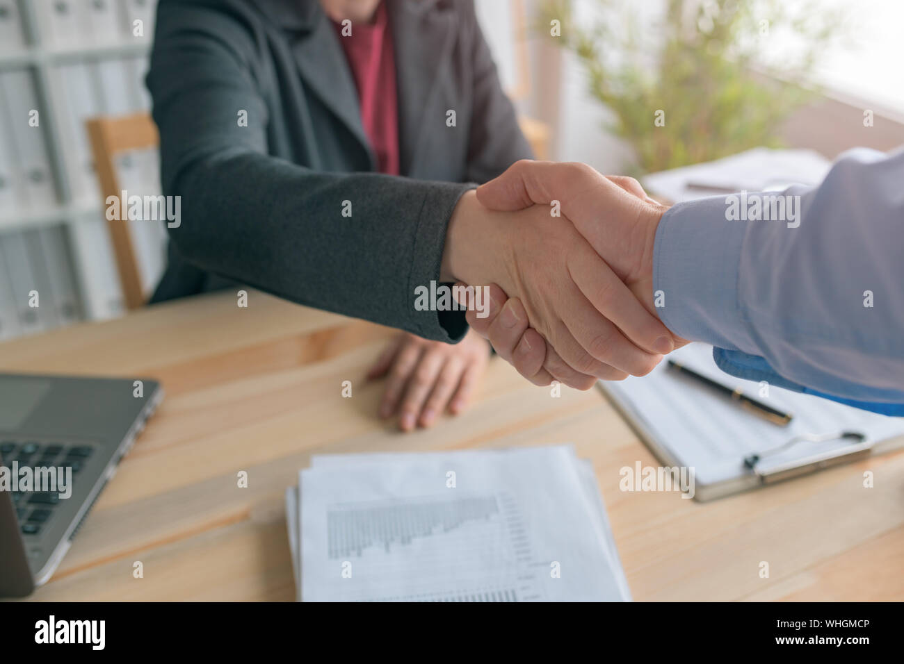 Businessman and businesswoman handshake, two business people shaking hands and greeting each other the beginning of corporate meeting in office Stock Photo