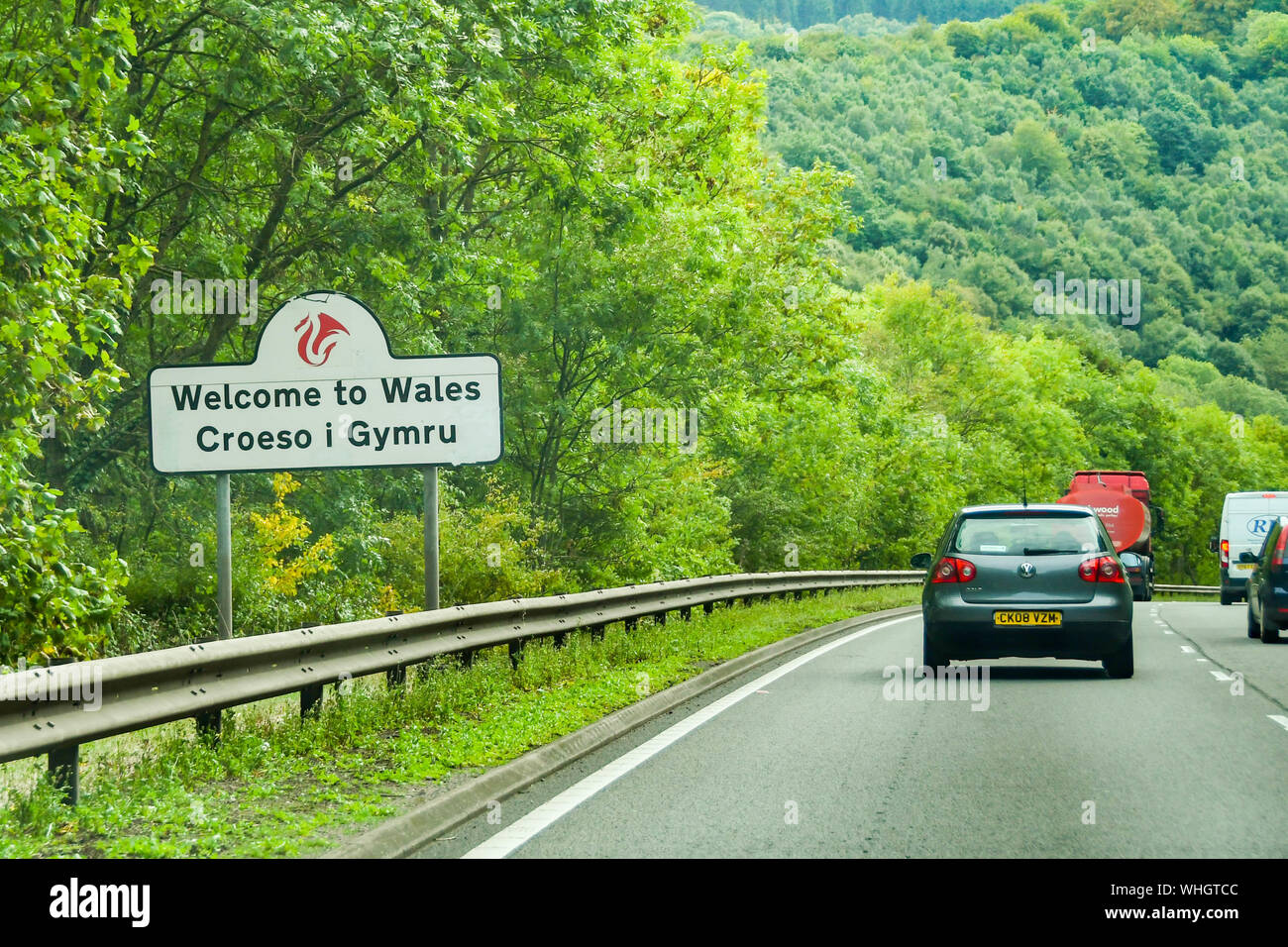 MONMOUTH, WALES - SEPTEMBER 2018: 'Welcome to Wales' sign on the side of the A40 trunk road near Monmouth Stock Photo