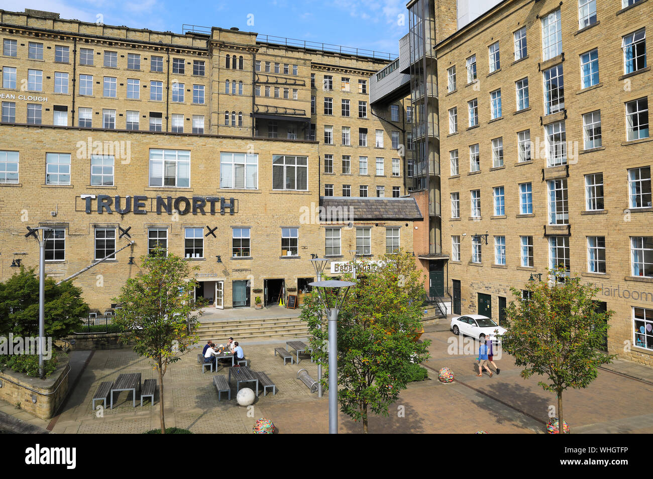 Dean Clough Mills in Halifax, a centre for business and the arts, located on a landmark site, once the world's largest carpet factory, West Yorkshire. Stock Photo