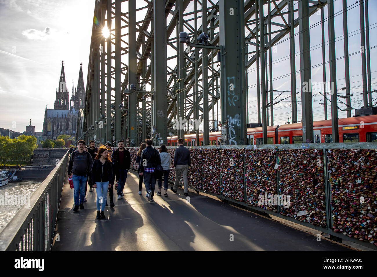 Cologne, Hohenzollern Bridge, pedestrian and railway bridge over the Rhine, Cologne Cathedral, Germany Stock Photo