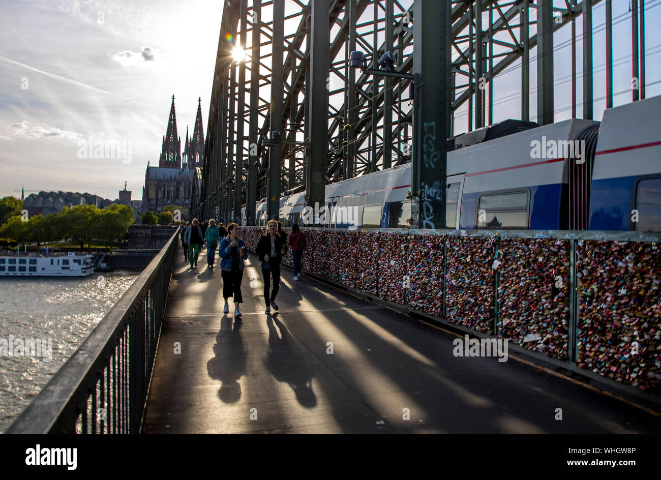 Cologne, Hohenzollern Bridge, pedestrian and railway bridge over the Rhine, Cologne Cathedral, Germany Stock Photo