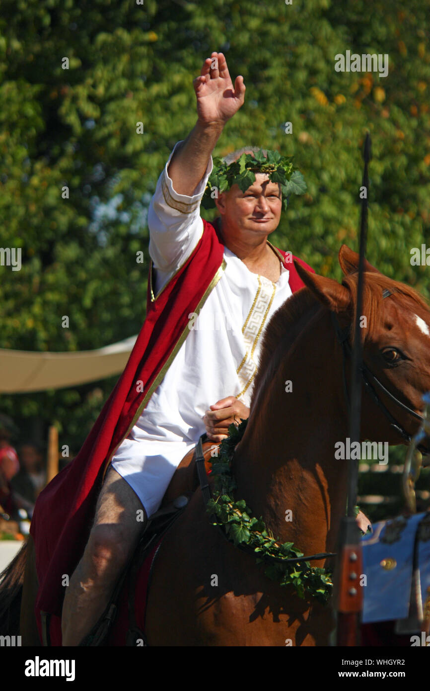 ZAGREB, CROATIA – SEPTEMBER 11, 2011:  A nobleman on horseback during Roman show in Andautonia (todays Scitarjevo) near Zagreb, Croatia Stock Photo