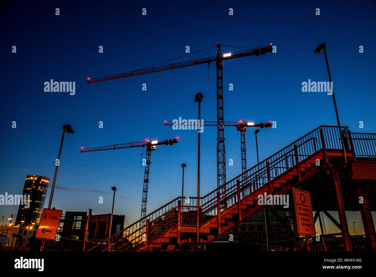Köln Deutz, construction site, construction cranes, stairs to the Cologne trade fair, Germany Stock Photo