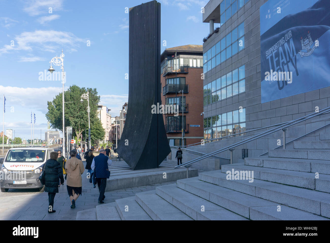 A Viking Ship wooden sculpture by the artist Michael Warren Outside the Civic Offices of Dublin City Council at Wood Quay, Dublin, Ireland. Stock Photo