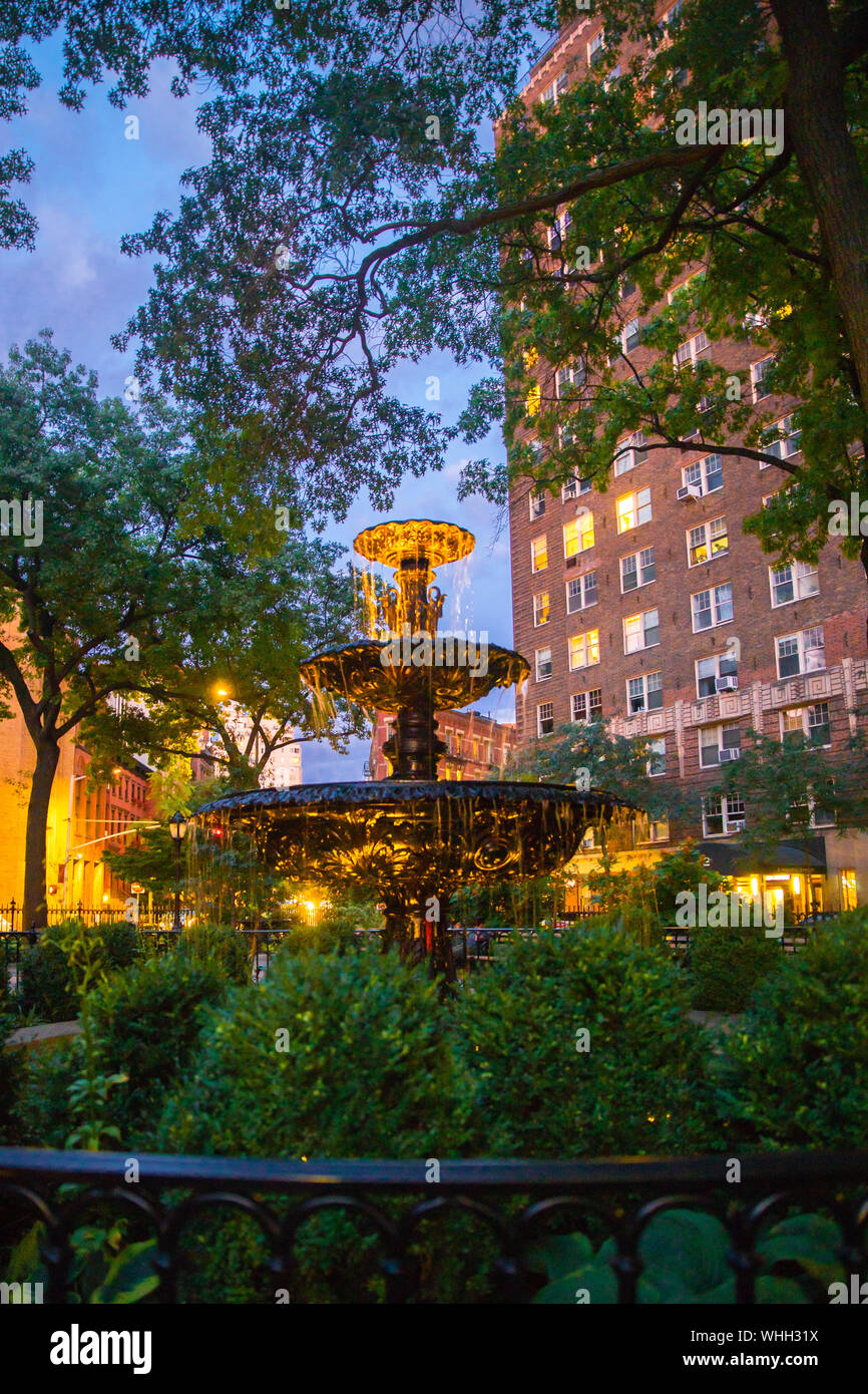 View of Jackson Square Park fountain in Greenwich Village at night