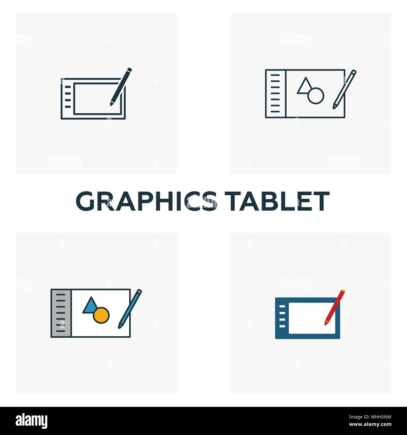 Graphics Tablet icon set. Four elements in diferent styles from design ui and ux icons