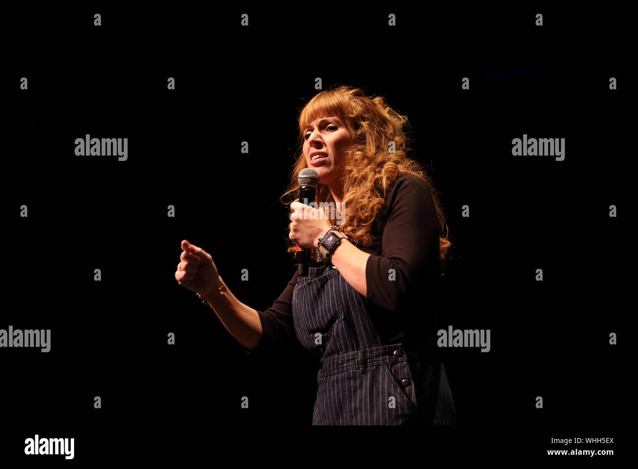 Salford, Greater Manchester, UK. 2nd September, 2019. The Labour Party shadow Education Secretary Angela Rayner MP addresses the crowd at a rally at The Lowry Theatre in Salford. Stock Photo