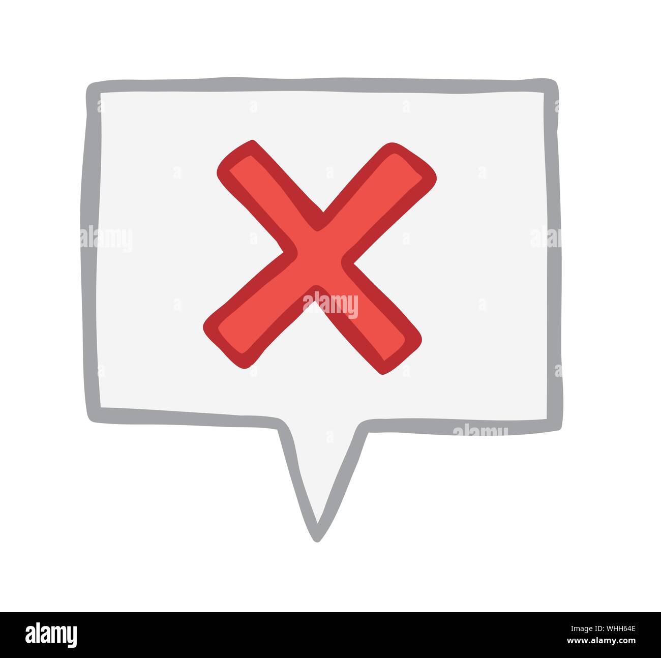 Vector illustration x mark in speech bubble. Hand drawn. Colored outlines. Stock Vector