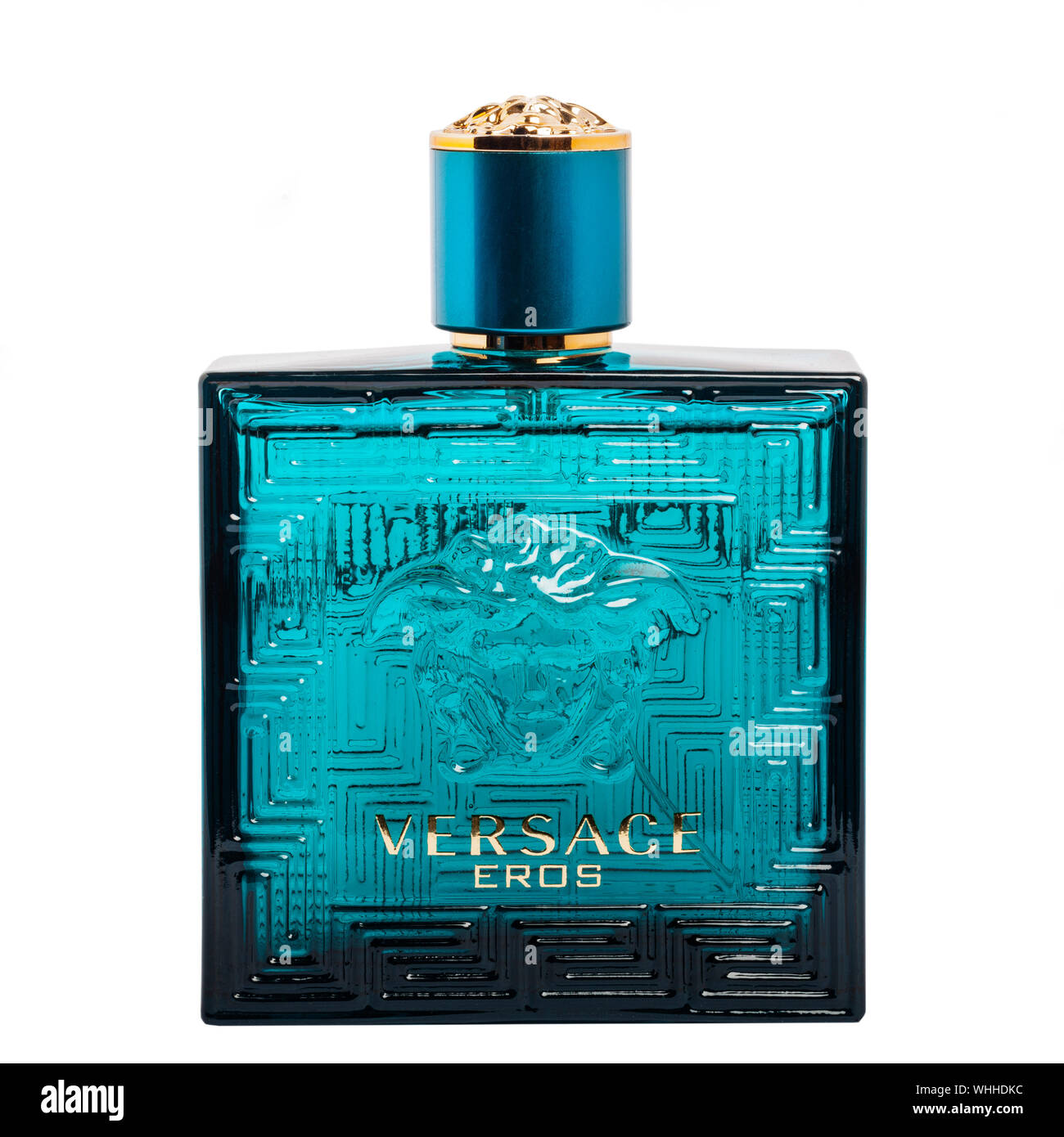 A bottle of Versace Eros eau de toilette aftershave for men on a white background Stock Photo