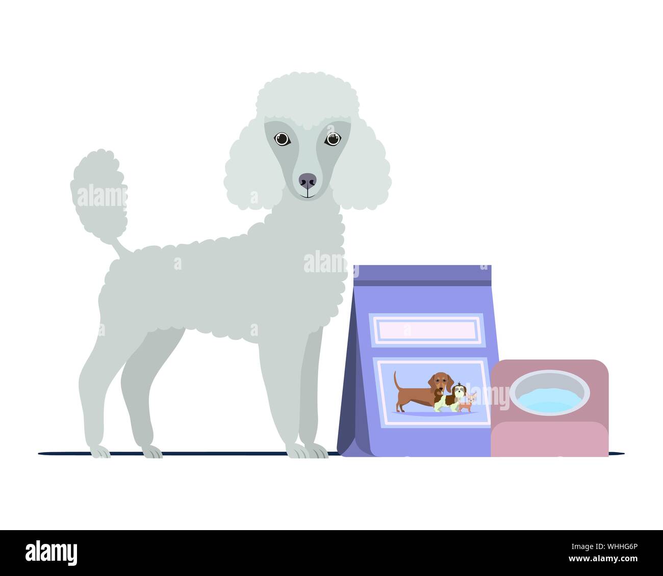 dog with bowl and pet food on white background Stock Vector