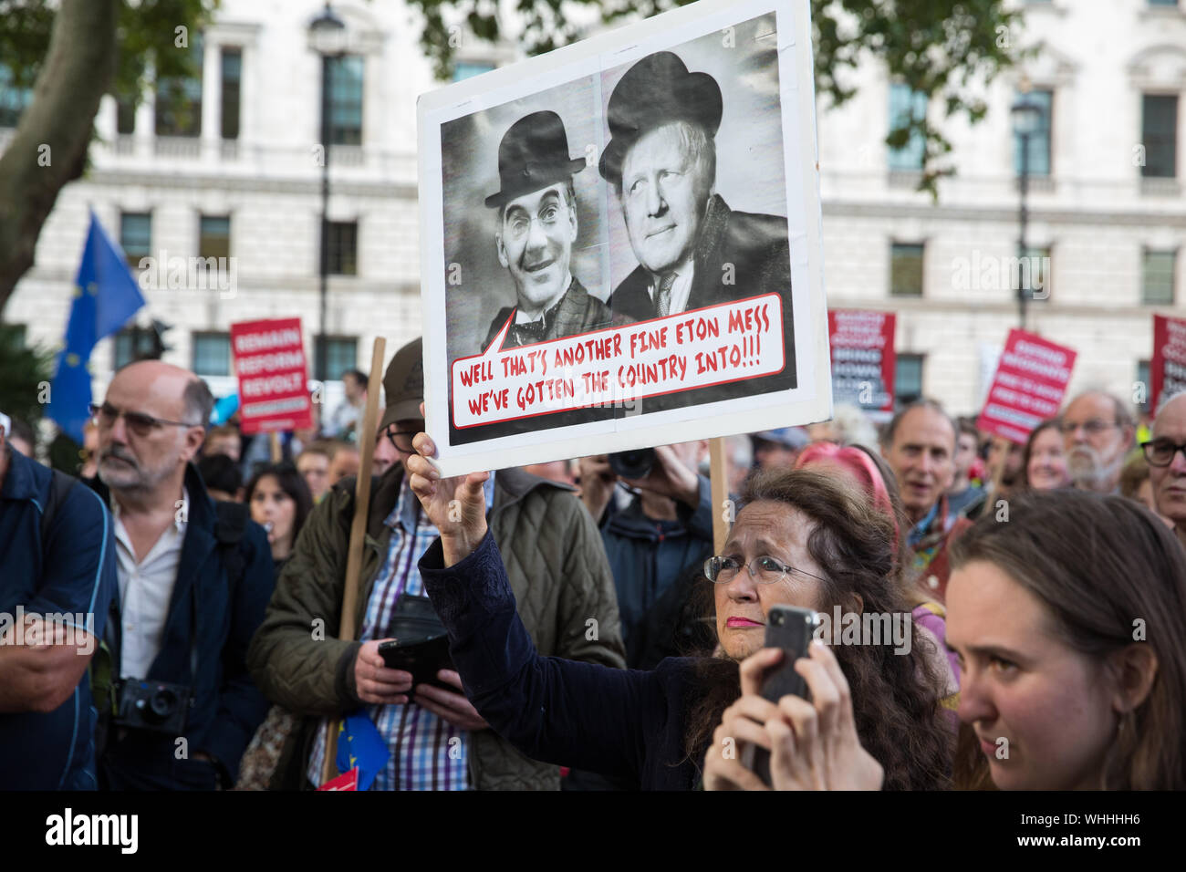London, UK. 2 September, 2019. Hundreds of people attend a ‘Stop the Coup’ protest in Parliament Square following Prime Minister Boris Johnson’s address to the nation outside 10 Downing Street to the effect that there will be a vote on a general election if MPs vote for a further delay to Brexit. Credit: Mark Kerrison/Alamy Live News Stock Photo