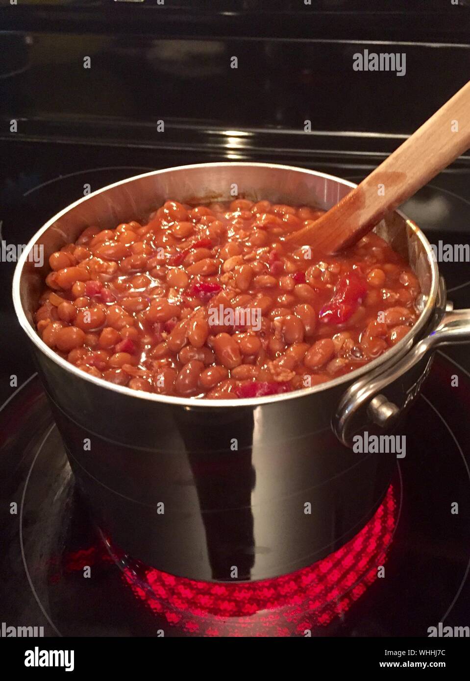 High Angle View Of Baked Beans Cooking On Stove Stock Photo Alamy