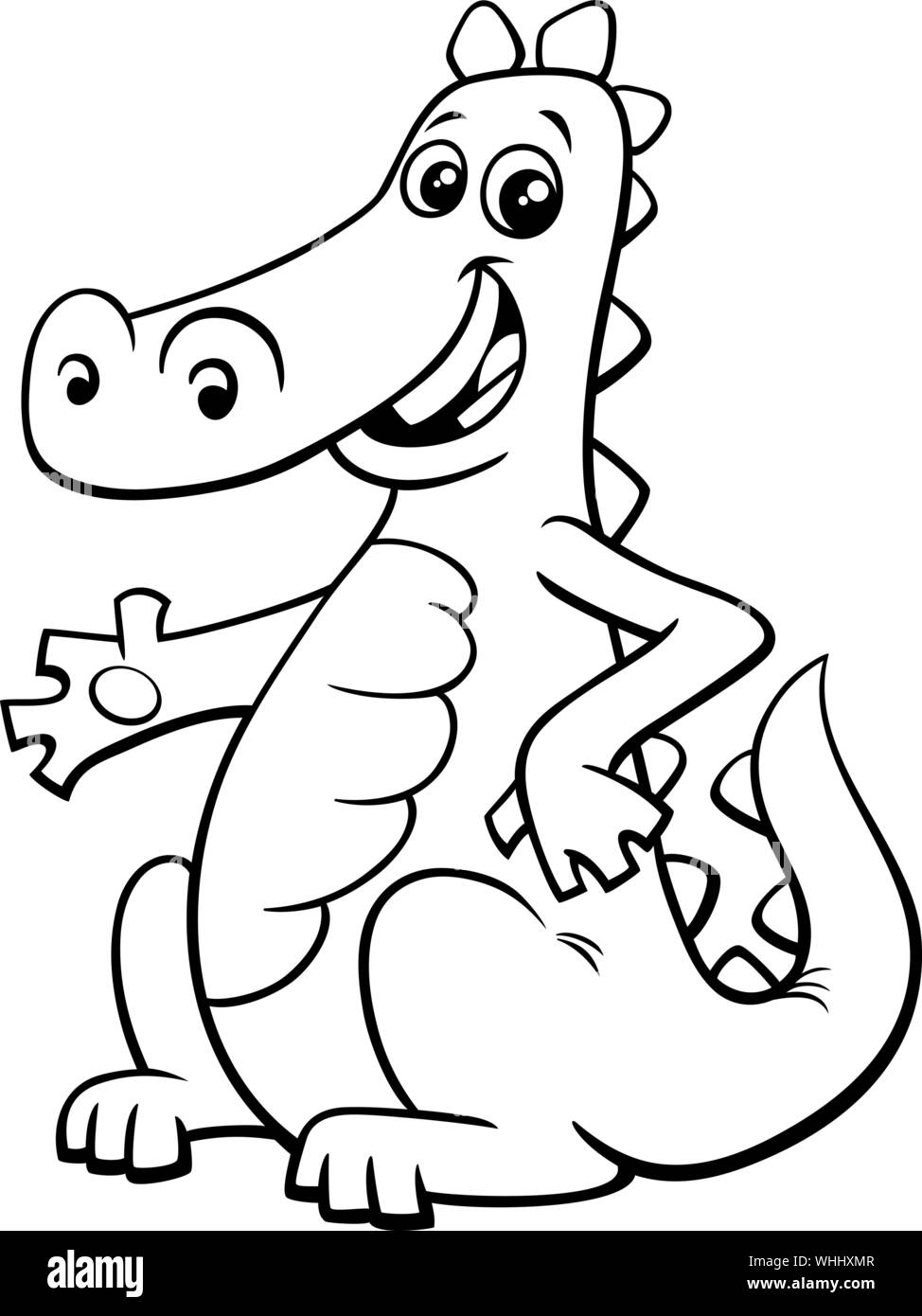 Black and White Cartoon Illustration of Funny Dragon Fantasy Animal Character Coloring Book Stock Vector
