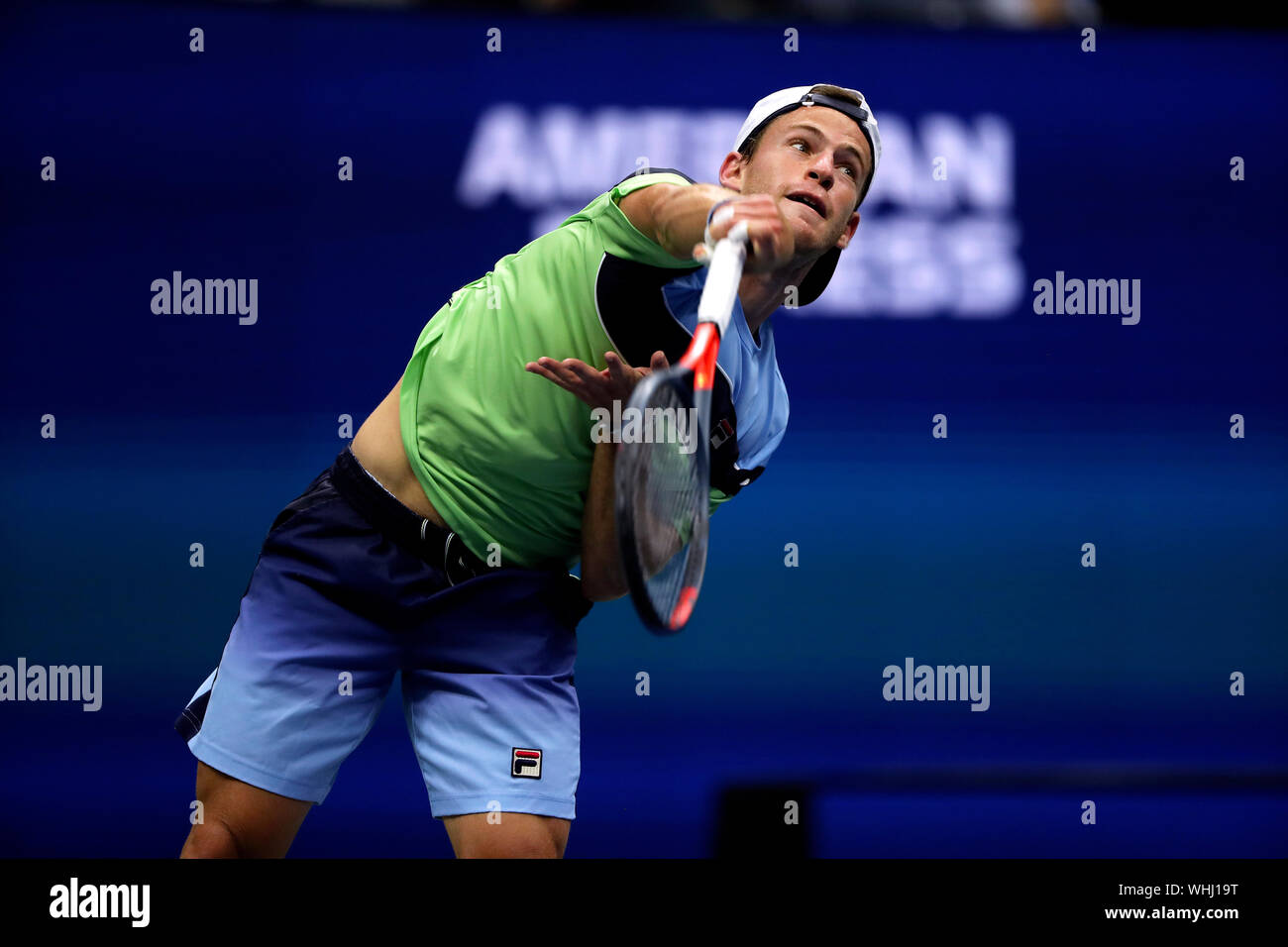New York, United States. 02nd Sep, 2019. Flushing Meadows, New York, United States - September 2, 2019. Diego Schwartzman of Argentina serving to Number 6 seed Alexander Zverev of Germany during their fourth round match against at the US Open today. Credit: Adam Stoltman/Alamy Live News Stock Photo