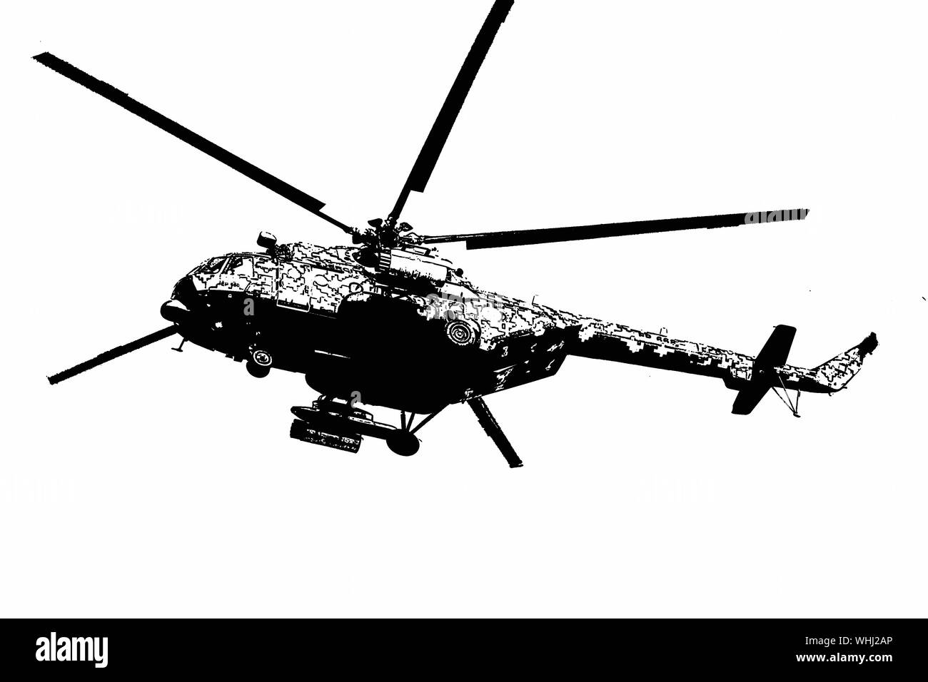 A Mil Mi-171Sh-P armed helicopter of the Peruvian Army Aviation Corps flying over the city of Lima when coming back from a mission Stock Photo