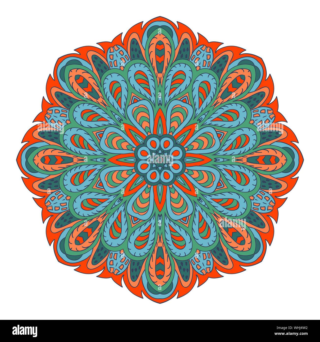Mandala doodle drawing. Colorful floral round ornament. Ethnic solar Arabic  motifs. Zentangle. Green, blue, bright orange color Stock Vector Image \u0026  Art - Alamy, image size:1300x1390