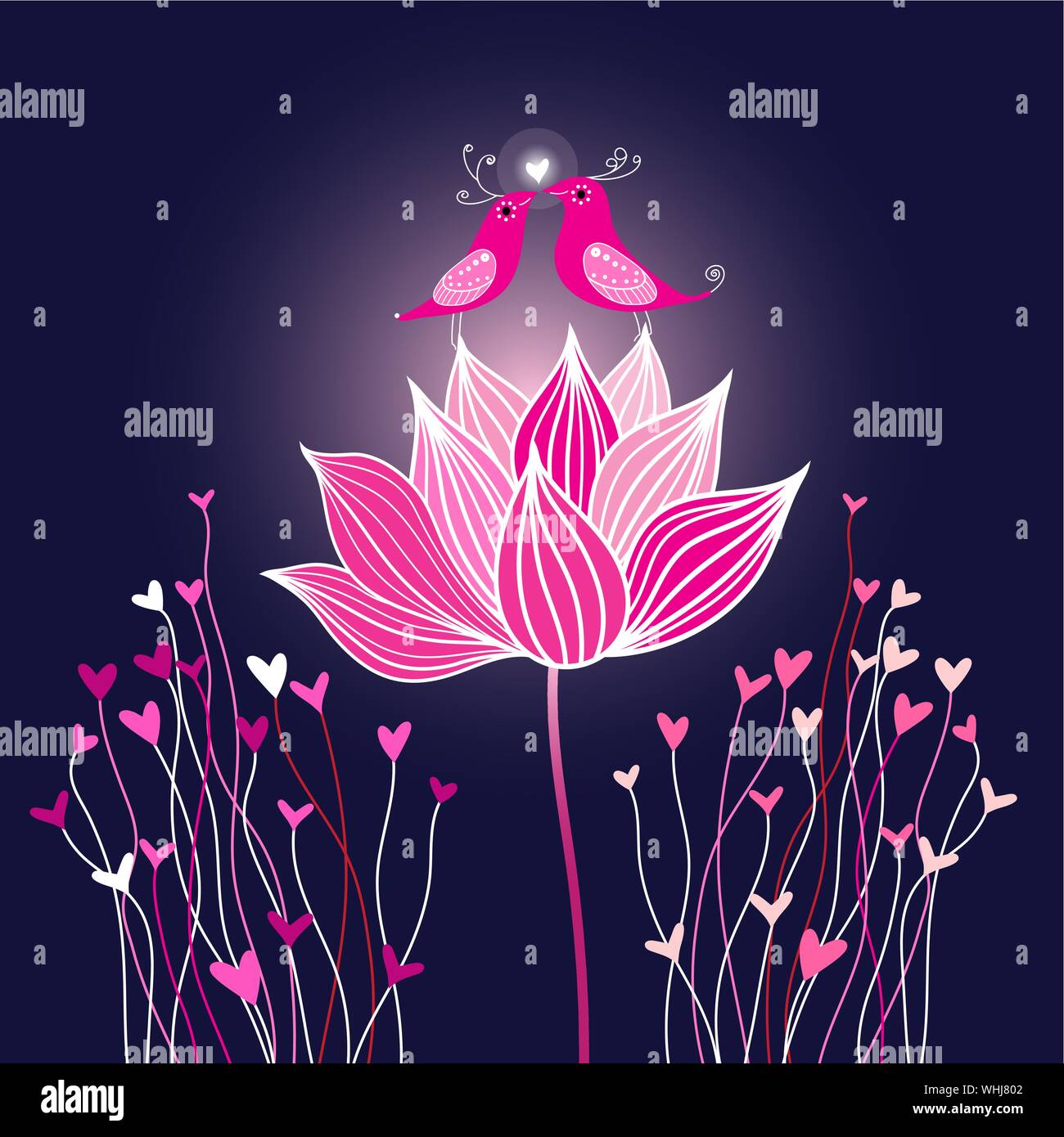Graphic birds in love on a lotus on a dark background with hearts. Holiday card as Valentine's Day. Stock Vector
