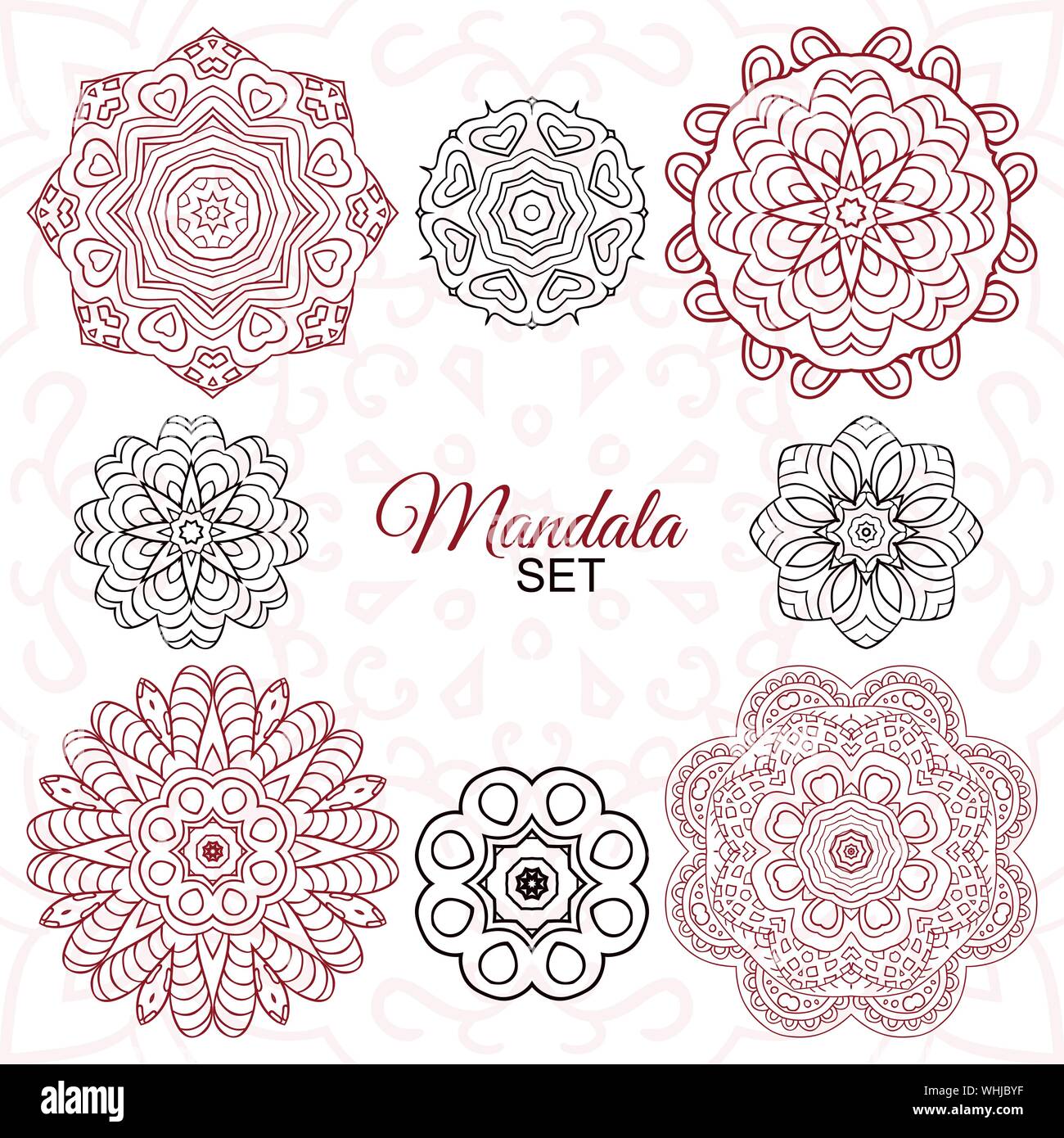 Mandala set. Round decorative ornaments for creativity. Doodle drawing, ethnic motifs. 8 zentagl images Stock Vector