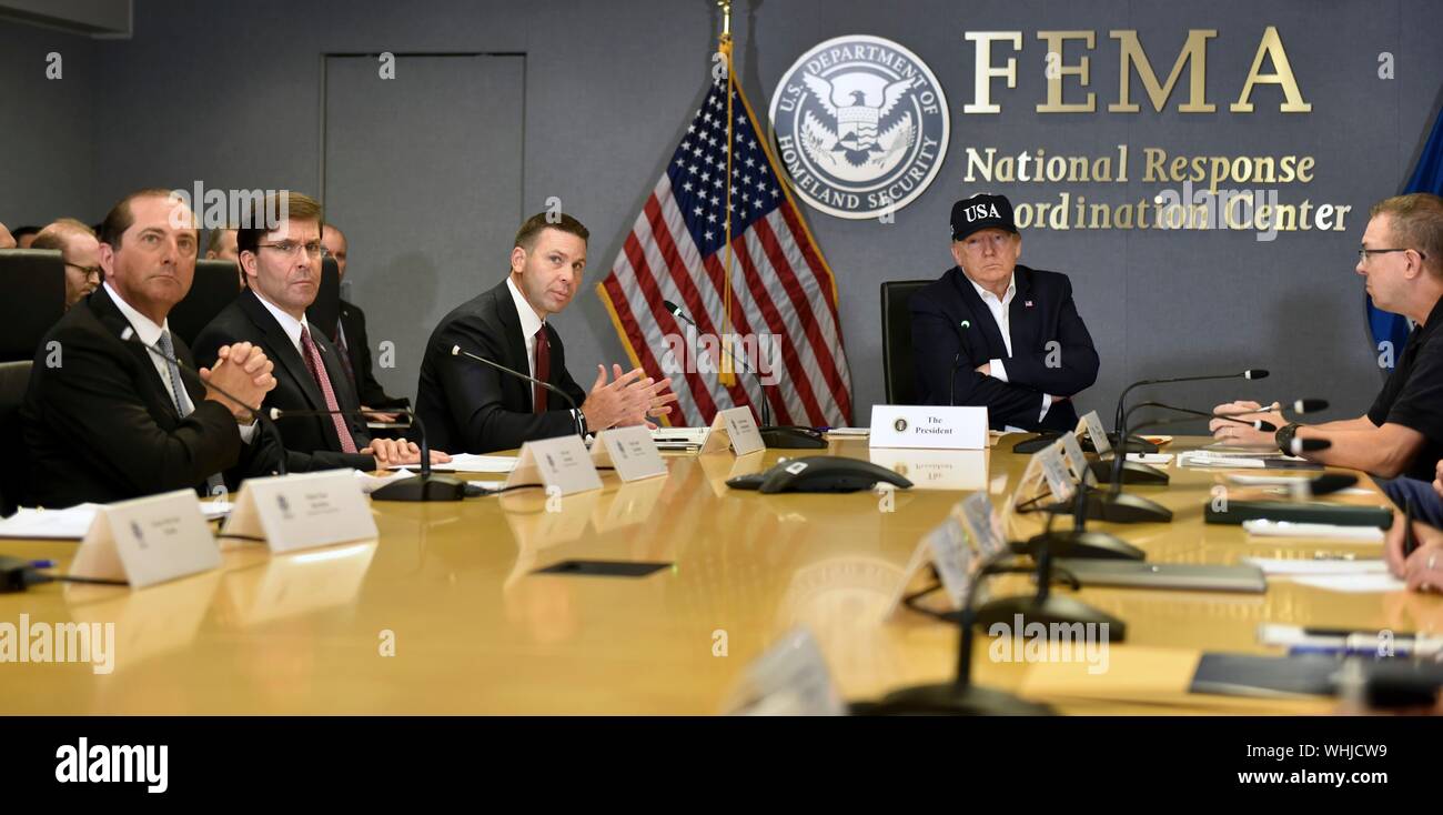 Washington, DC, USA, 01 September, 2019. U.S. President Donald Trump attends a briefing on catastrophic Hurricane Dorian at the Federal Emergency Management Agency September 1, 2019 in Washington, D.C.  Dorian struck the Bahamas as a Category 5 storm with winds of 185 mph and is now approaching Florida. Credit: Jim Greenhill/Planetpix/Alamy Live News Stock Photo