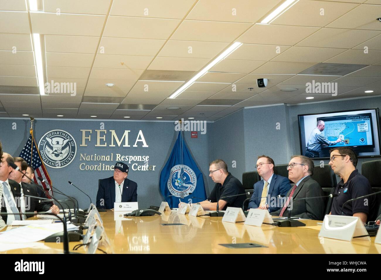 Washington, DC, USA, 01 September, 2019. U.S. President Donald Trump attends a briefing on catastrophic Hurricane Dorian at the Federal Emergency Management Agency September 1, 2019 in Washington, D.C.  Dorian struck the Bahamas as a Category 5 storm with winds of 185 mph and is now approaching Florida. Credit: Shealah Craighead/Planetpix/Alamy Live News Stock Photo