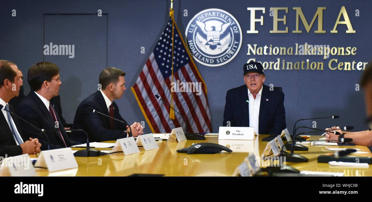 Washington, DC, USA, 01 September, 2019. U.S. President Donald Trump attends a briefing on catastrophic Hurricane Dorian at the Federal Emergency Management Agency September 1, 2019 in Washington, D.C.  Dorian struck the Bahamas as a Category 5 storm with winds of 185 mph and is now approaching Florida. Credit: Jim Greenhill/Planetpix/Alamy Live News Stock Photo