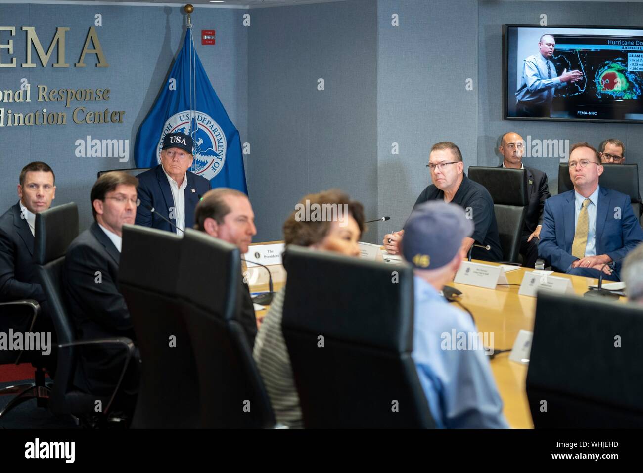 Washington, DC, USA, 01 September, 2019. U.S. President Donald Trump attends a briefing on catastrophic Hurricane Dorian at the Federal Emergency Management Agency September 1, 2019 in Washington, D.C.  Dorian struck the Bahamas as a Category 5 storm with winds of 185 mph and is now approaching Florida. Credit: Shealah Craighead/Planetpix/Alamy Live News Stock Photo